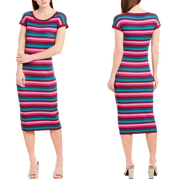 525 America Rib Knit Maxi Dress striped  XS crew neck multicolored stretchy - Picture 1 of 7